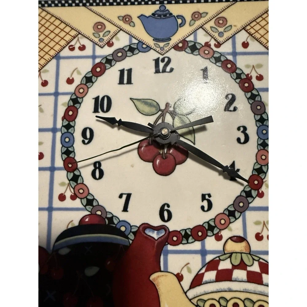Vtg 1994 Engelbreit Ceramic Tile Wall Clock Teapot cherry fruit 12